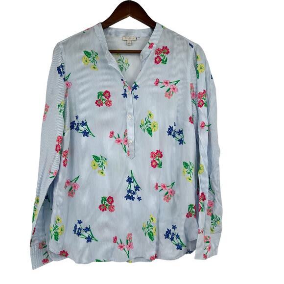 Talbots Tops - Talbots Blue & White Stripe Floral Popover 1/2 Button Blouse Long Sleeve small